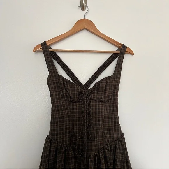 For Love & Lemons University Plaid Midi Dress Brown Drop Waist Size S NWT - Picture 3 of 9